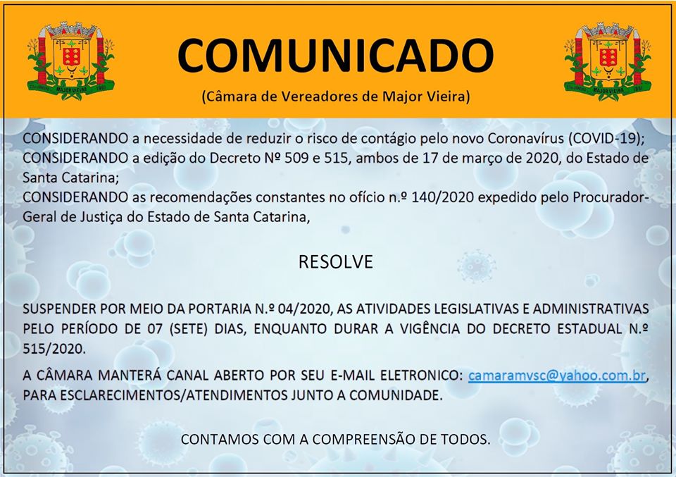 CÂMARA DE VEREADORES DE MAJOR VIEIRA (COMUNICADO - PREVENÇÃO CORONAVÍRUS)