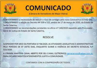 CÂMARA DE VEREADORES DE MAJOR VIEIRA (COMUNICADO - PREVENÇÃO CORONAVÍRUS)